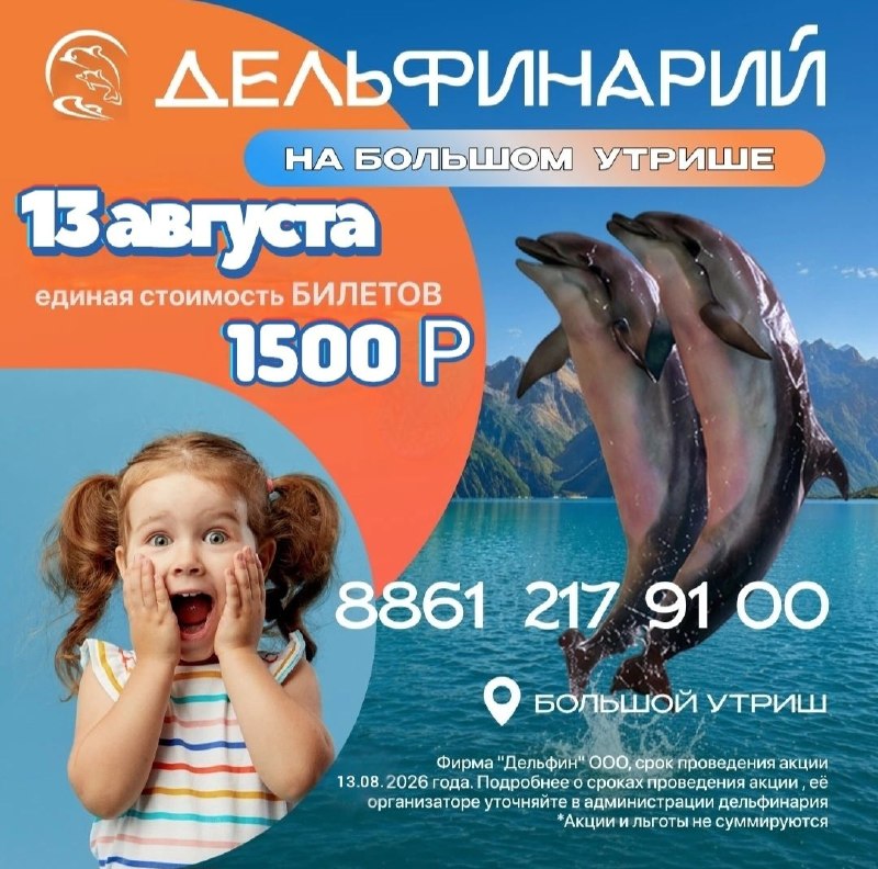 Акция в дельфинарии на Большом Утрише — билет за 1500 рублей
